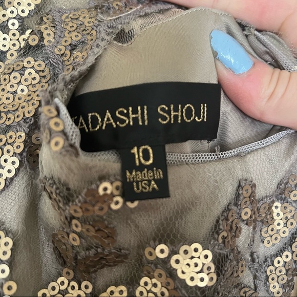 Tadashi Shoji gray lace illusion high neck cocktail dress gold sequins size 10 - Picture 11 of 11